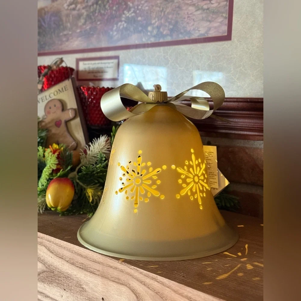 Decorative Table Top Bell Light Up in Gold Snowflakes NWT